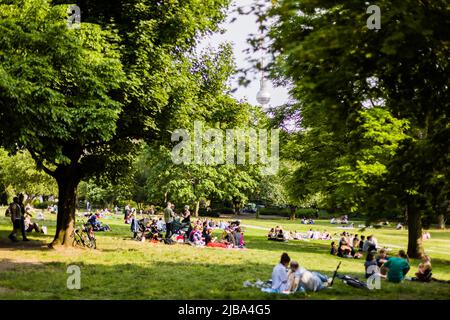 Berlino, Germania. 04th giugno 2022. La gente gode del sole nel Volkspark am Weinberg, nel quartiere Mitte di Berlino. Credit: Christoph Soeder/dpa/Alamy Live News Foto Stock