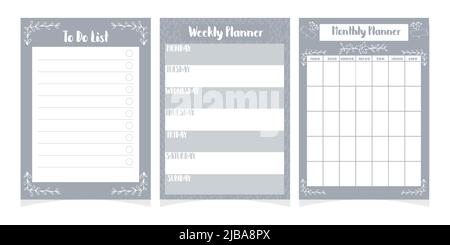 Set di planners template, checklist, programma giornaliero isolato su sfondo bianco, collezione stampabile con elementi decorativi doodle. Illustrazione vettoriale Illustrazione Vettoriale