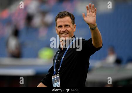 Bologna, Italia. 04th giugno 2022. Oliver Bierhoff durante la partita di calcio del gruppo UEFA Nations League 3 tra Italia e Germania allo stadio Renato Dall'Ara di Bologna (Italia), 4th giugno 2022. Foto Andrea Staccioli/Insidefoto Credit: Ininsidefoto srl/Alamy Live News Foto Stock