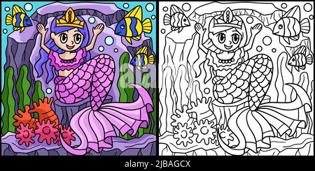 Mermaid Crown Princess Illustrazione colorata Illustrazione Vettoriale