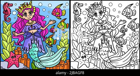 Mermaid Princess colorazione pagina Illustrazione Illustrazione Vettoriale