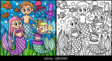 Mermaid Famiglia colorazione pagina Illustrazione colorata Illustrazione Vettoriale