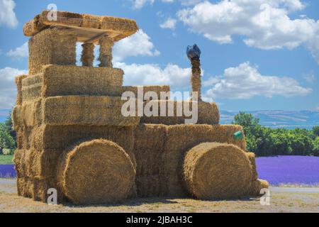 Grande fieno e paglia fatto trattore per decorazione con campo di lavanda in backgroud Foto Stock