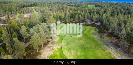 Vista in prospettiva aerea su un campo da golf lungo e stretto nella foresta settentrionale. Persone non identificate giocare a golf sul campo da golf, pini intorno, Mar Baltico su Foto Stock