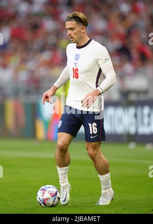 Jack Grealish in Inghilterra durante la partita della UEFA Nations League presso la Puskas Arena di Budapest. Data foto: Sabato 4 giugno 2022. Foto Stock