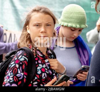 STOCCOLMA, SVEZIA - 3 GIUGNO 2022: Dimostrazione a Stoccolma dell'attivista del clima svedese Greta Thunberg, di 19 anni Foto Stock