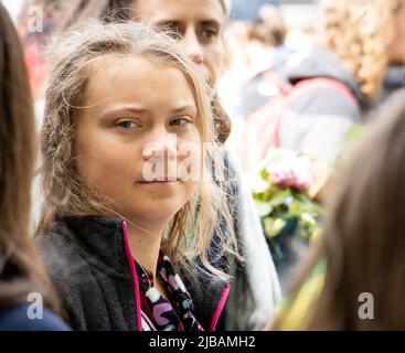 STOCCOLMA, SVEZIA - 3 GIUGNO 2022: Dimostrazione a Stoccolma dell'attivista del clima svedese Greta Thunberg, di 19 anni Foto Stock