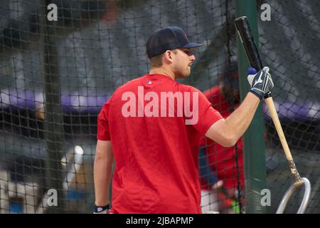 Denver CO, Stati Uniti. 3rd giugno 2022. Il terzo baseman di Atlanta Austin Riley (27) durante il pre-gioco con Atlanta Braves e Colorado Rockies tenuto al Coors Field in Denver Co. David Seelig/Cal Sport Medi. Credit: csm/Alamy Live News Foto Stock