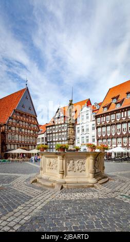 Hildesheim, Germania - 16 agosto 2012: Piazza del mercato di Marktplatz a Hildesheim Foto Stock