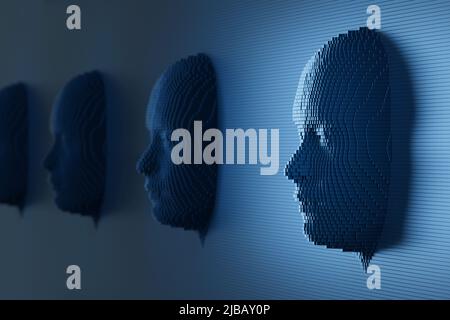 Facce umane costituite da cubi blu. Concetto di intelligenza artificiale. 3d illustrazione. Foto Stock