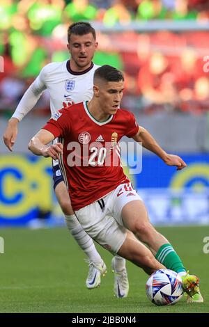 BUDAPEST, UNGHERIA - GIUGNO 04: Sallai Roland dell'Ungheria durante la Lega delle Nazioni UEFA Una partita del Gruppo 3 tra Ungheria e Inghilterra alla Puskas Arena il 04 giugno 2022 a Budapest, Ungheria. Credit: Alamy Live News, Gabriella Barbara Foto Stock