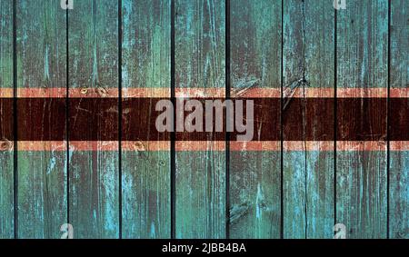 Vista dall'alto dell'antica bandiera del Botswana dipinta su Dark Wooden Fence, muro. patriot e concetto di viaggio. Nessun flagpole. Progettazione di piani, layout. Contrassegna sfondo Foto Stock