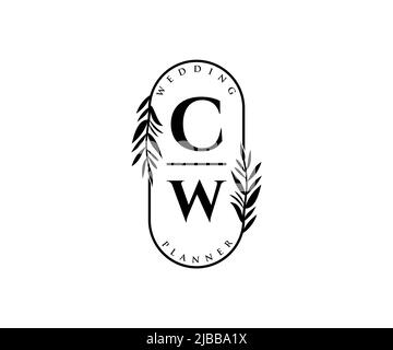 CW iniziali lettera Wedding monogramma collezione loghi, disegnati a mano moderni minimalistici e modelli floreali per carte di invito, Salva la data, elegante Illustrazione Vettoriale