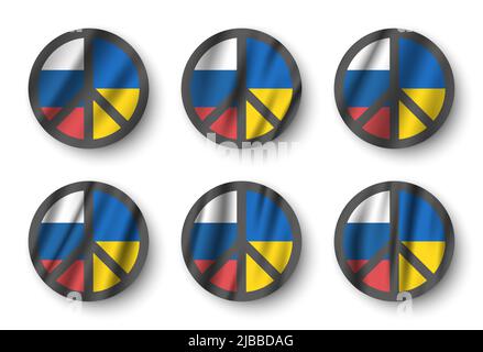 Insieme di simboli di pace con la bandiera di russia e ucraina. Firma della Campagna per il disarmo nucleare ( CND ). Design piatto . Pacifista e non conce di guerra Illustrazione Vettoriale