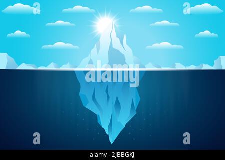 iceberg galleggia nell'illustrazione dell'oceano con il sole luminoso Illustrazione Vettoriale