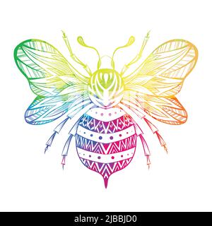Disegno vettoriale dell'ape dell'acquerello dell'arcobaleno. Disegno colorato di ape con ornamento di tracery. Insetto con ali con ornamento boho Illustrazione Vettoriale