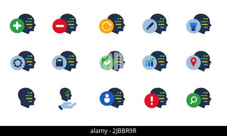 Programmazione codice all'interno della testa simbolo di intelligenza artificiale macchina apprendimento software icona set collezione blu vettore Illustrazione Vettoriale