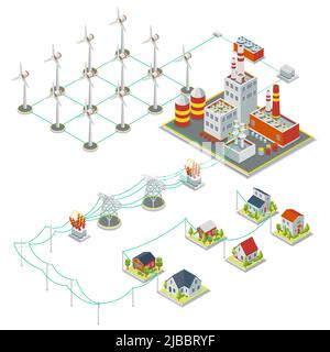 Potenza turbina Windmil. 3D concetto di energia pulita isometrica. Energia elettrica vento mil, energia elettrica vento mulino, turbina elettrica vento illustrazione Illustrazione Vettoriale