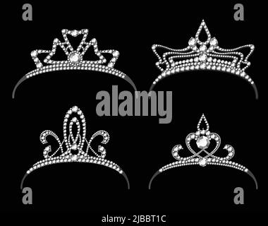 Tiaras con set di vettori diamantati. Corona regina reale o principessa con gioielli Illustrazione Vettoriale