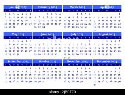 Modello di pianificazione mensile per 2023 anni. La settimana inizia la domenica. Calendario di layout di pagina in stile minimalista. Griglia del piano verticale. Organizzatore del programma. Vet Illustrazione Vettoriale