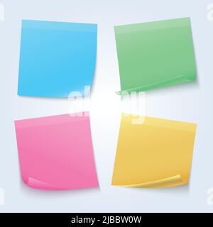 Fogli a colori, fogli adesivi sul set vettoriale della scheda annunci. Illustrazione vuota dell'adesivo di memoria Illustrazione Vettoriale