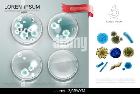 Composizione realistica di microrganismi biologici con cellule batteriche su piastre Petro e diversi virus e germi illustrazione vettoriale Illustrazione Vettoriale