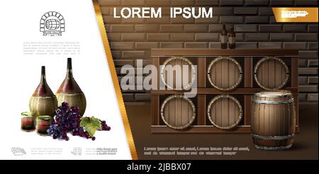 Produzione di vino realistica modello moderno con bottiglie bicchieri grappoli d'uva e botti di legno pieno di vino in cantina illustrazione vettoriale Illustrazione Vettoriale