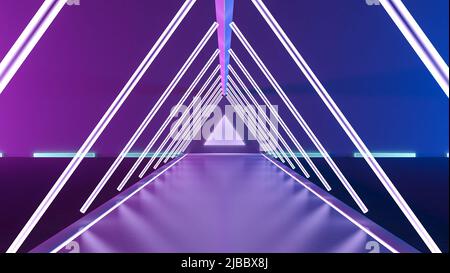 Architettura futuristica corridoio fantascientilare e tunnel corridoio con sfondo luci al neon, rendering 3D Foto Stock