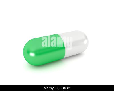 Capsula di pillola verde isolato su sfondo bianco, 3D rendering Foto Stock