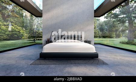 Camera da letto interna in moderno loft stanza in cemento con parete vuota in cemento e finestra in vetro chiaro con vista giardino, 3D rendering Foto Stock