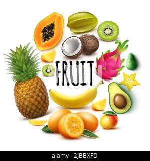 Realistico fresco frutta esotica concetto rotondo con banana ananas papaya cocco mango kumquat avocado guava carambola kiwi drago frutta isolato vetto Illustrazione Vettoriale
