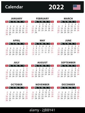 Calendario 2022 - illustrazione del vettore. Versione inglese americana Illustrazione Vettoriale