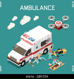 Ambulanza auto medico drone e medici che danno il primo soccorso a persone ferite 3D isometrico vettore illustrazione Illustrazione Vettoriale