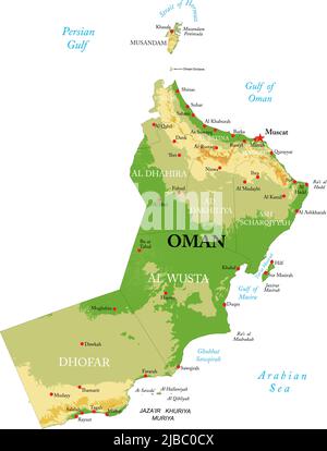 Mappa fisica molto dettagliata di Oman in formato vettoriale, con tutte le forme di rilievo, regioni e grandi città. Illustrazione Vettoriale