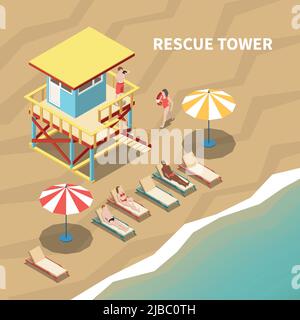 Bagnino sulla torre di salvataggio e persone sulla spiaggia 3D isometrica illustrazione vettoriale Illustrazione Vettoriale