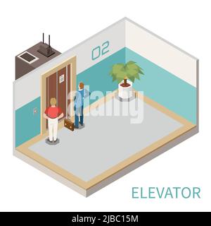 Composizione isometrica con due uomini in attesa di ascensore in sala 3D illustrazione vettoriale Illustrazione Vettoriale