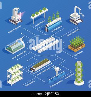 Moderni letti di pianta intelligente serra robot giardinieri sistemi idroponici ed aeroponici germinati piantine isometrici diagramma di flusso illustrazione vettoriale Illustrazione Vettoriale