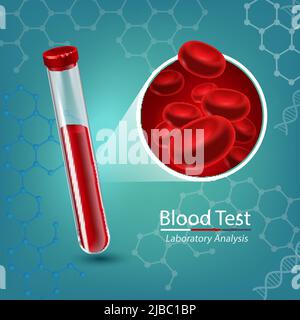 Composizione del test del sangue con provetta medica e globuli rossi che attraversano l'illustrazione del vettore vascolare Illustrazione Vettoriale