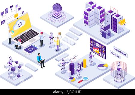 Automazione robotica composizione isometrica con persone che lavorano con robot su sfondo bianco 3D illustrazione vettoriale Illustrazione Vettoriale