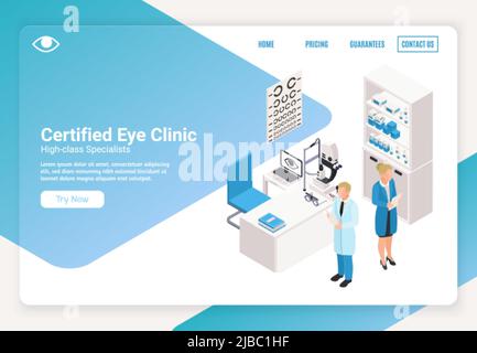 Striscione isometrico orizzontale oftalmologico con medico di clinica oculare e campo di testo 3D illustrazione vettoriale Illustrazione Vettoriale