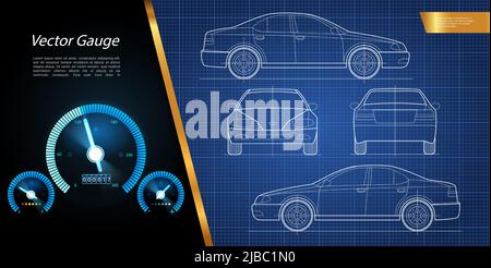 Composizione moderna di corse e velocità con disegno ingegneristico di concetto auto e cruscotto auto indicatori illustrazione vettoriale Illustrazione Vettoriale