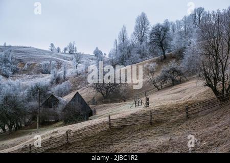 Inverno in arrivo. Nuvoloso e nebbia mattina molto tardo autunno montagna scena. Tranquillo viaggio pittoresco, stagionale, natura e campagna bellezza ecc Foto Stock