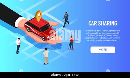 Car sharing online 24h servizio isometrico web banner orizzontale con auto rossa in mano palmare illustrazione vettoriale Illustrazione Vettoriale