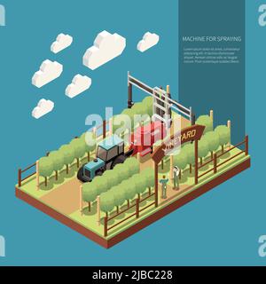 Composizione isometrica del vigneto con macchina per spruzzare il movimento tra file di grappoli di uva illustrazione vettoriale Illustrazione Vettoriale