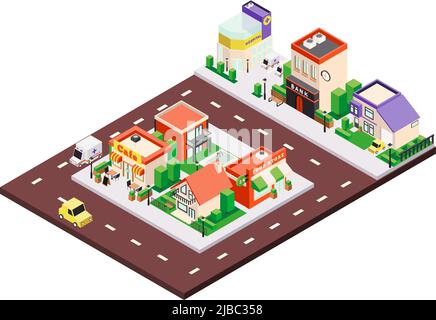Composizione isometrica degli edifici urbani con case colorate municipali e private con insegne e automobili su illustrazione vettoriale di strada Illustrazione Vettoriale
