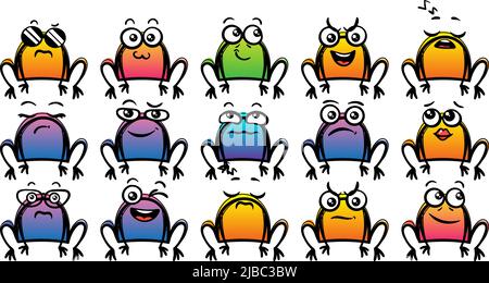 Set di varie rane di cartoni animati. Faccia, occhi e bocca di Doodle. Caricatura comico emozioni espressive, sorridente, piangente e sorpresa carattere espressione volto Illustrazione Vettoriale