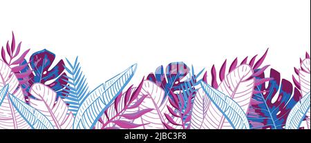 Bordo senza giunture di foglie tropicali esotiche su sfondo bianco. Illustrazione Vettoriale