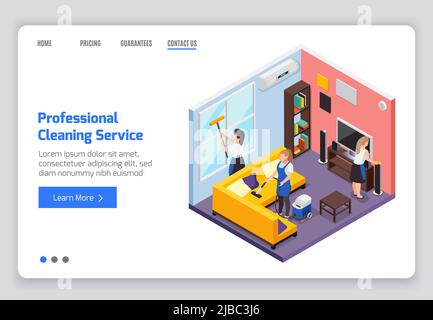 Servizio di pulizia professionale pagina di destinazione del sito web isometrico con composizione interna lavoratori testo e clickable link illustrazione vettoriale Illustrazione Vettoriale