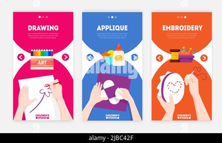 Progetti fatti a mano idee per persone creative 3 banner colorati verticali web con disegno applique ricamo illustrazione vettoriale Illustrazione Vettoriale