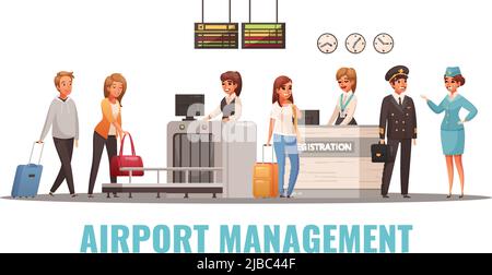 Il personale dell'aeroporto e i passeggeri al banco di registrazione e l'illustrazione del vettore cartoon scanner per i bagagli Illustrazione Vettoriale